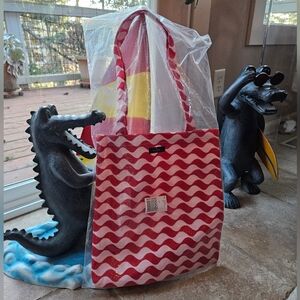 kate spade Tote Cotton Canvas Open Top Double Handles Waves Print Pink & Red NWT